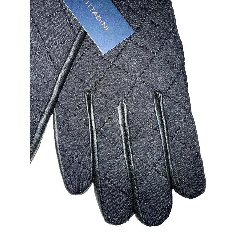 Adrienne Vittadini 100% Cashmere Lined Ladies Gloves Black Quilted Top Leather M